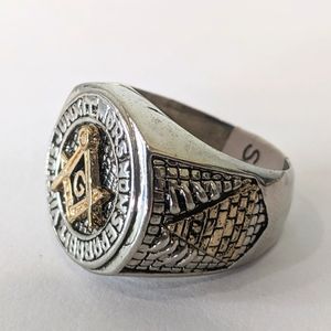 Vintage Freemason Fraternal Compass Square Latin Size 10 Faux Silver Luxury Ring